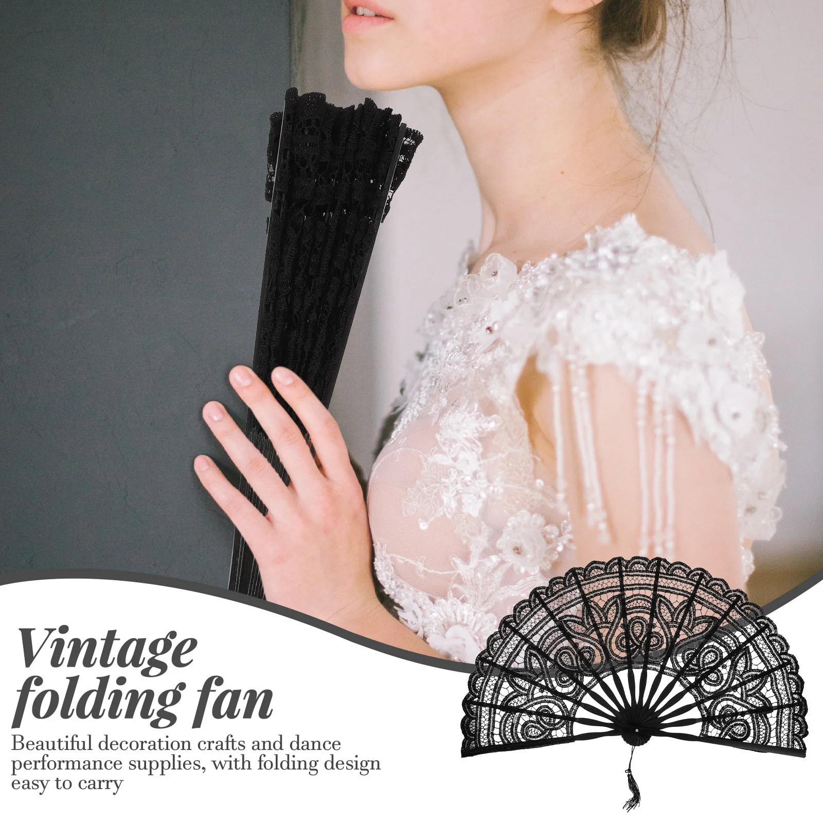 

Lace Folding Fan with Bamboo Frame Retro Floral Hand Fan Lightweight Portable for Women Bridal Dancing Decor Home Wall