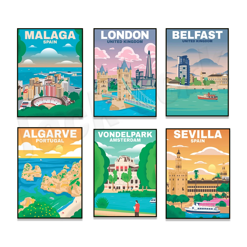 

Guggenheim Museum Bilbao, Manchester, Barcelona, Madrid, Rotterdam city center, Quinta Seville, Port of Liverpool travel poster