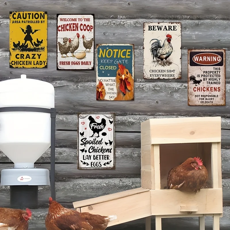 6pcs Vintage Metal Chicken Coop Tin Sign Set - with Humorous Sayings and Rustic Farmhouse Design, 20.32x30.48 cm Weather-Resista