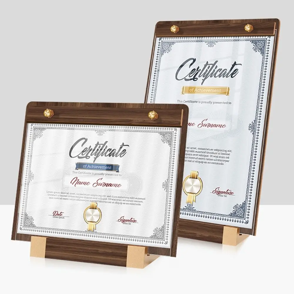 A4/A5/A6 Desktop Display Board Brown Faux Walnut Wood Menu Vertical Holder Stable Base Transparent Panel