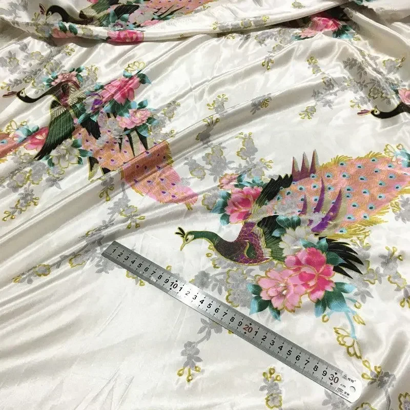 Printed Satin Fabric Per Meter for Dresses Pajamas Scarf Cheongsams Diy Sewing Needlework Cloth Smooth Soft Opaque Flower White