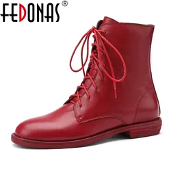 FEDONAS Ankle Boots for Women Low Heels Western Boots Female Autumn Winter Cross-tied Genuine Leather Booties Motorcycle Boots