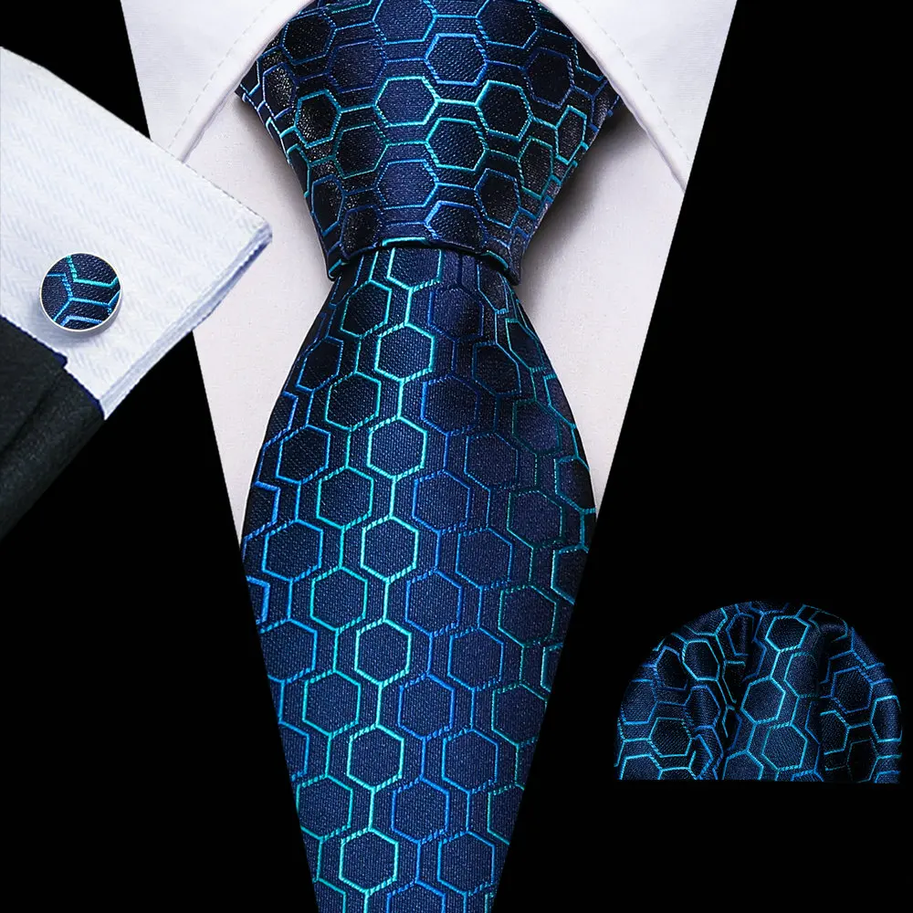 New Geometric Pattern Ties For Men Designer Blue Woven Jacquard Silk Necktie Handkerchief Cufflinks Sets Formal Party Barry.Wang