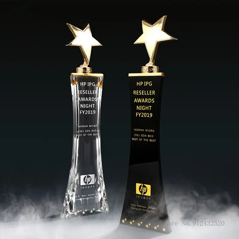 Five-Pointed Star Crystal Trophy, Customized Creative Engraving, Columnar Award, Home Decoration Trophy, Shining Metal, 1Pc