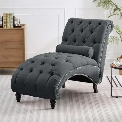 Chaise Lounge Chair Indoor, Button-Tufted Lounges Chair with Support Pillow and Solid Wood Legs, Modern Nailhead Decor