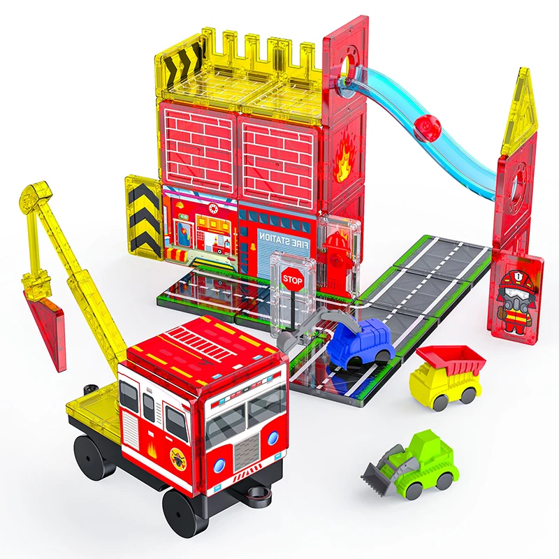 Telhas magnéticas com tema de combate a incêndios, com caminhão de bombeiros e estação, telhas magnéticas de construção, brinquedos de construção para crianças, brinquedos de aprendizagem
