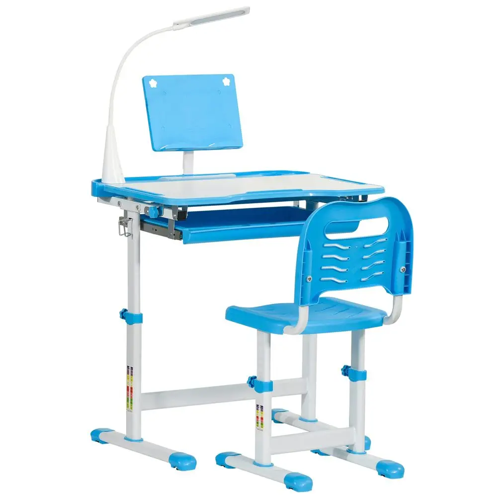 Kids Desk and Chair Set, Height Adjustable Study Desk with USB Lamp, Storage Drawer for Study, Blue and White