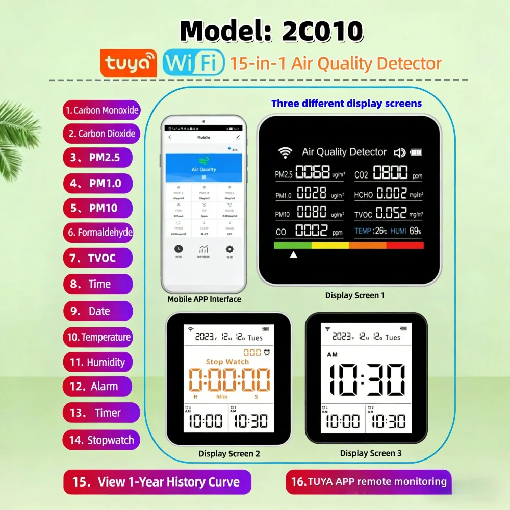 2CO10, TUYA WiFi 15-in-1 CO, CO2, PM2.5 Household Air Quality Detector for Formaldehyde, TVOC, Temperature, Humidity and Air Qua