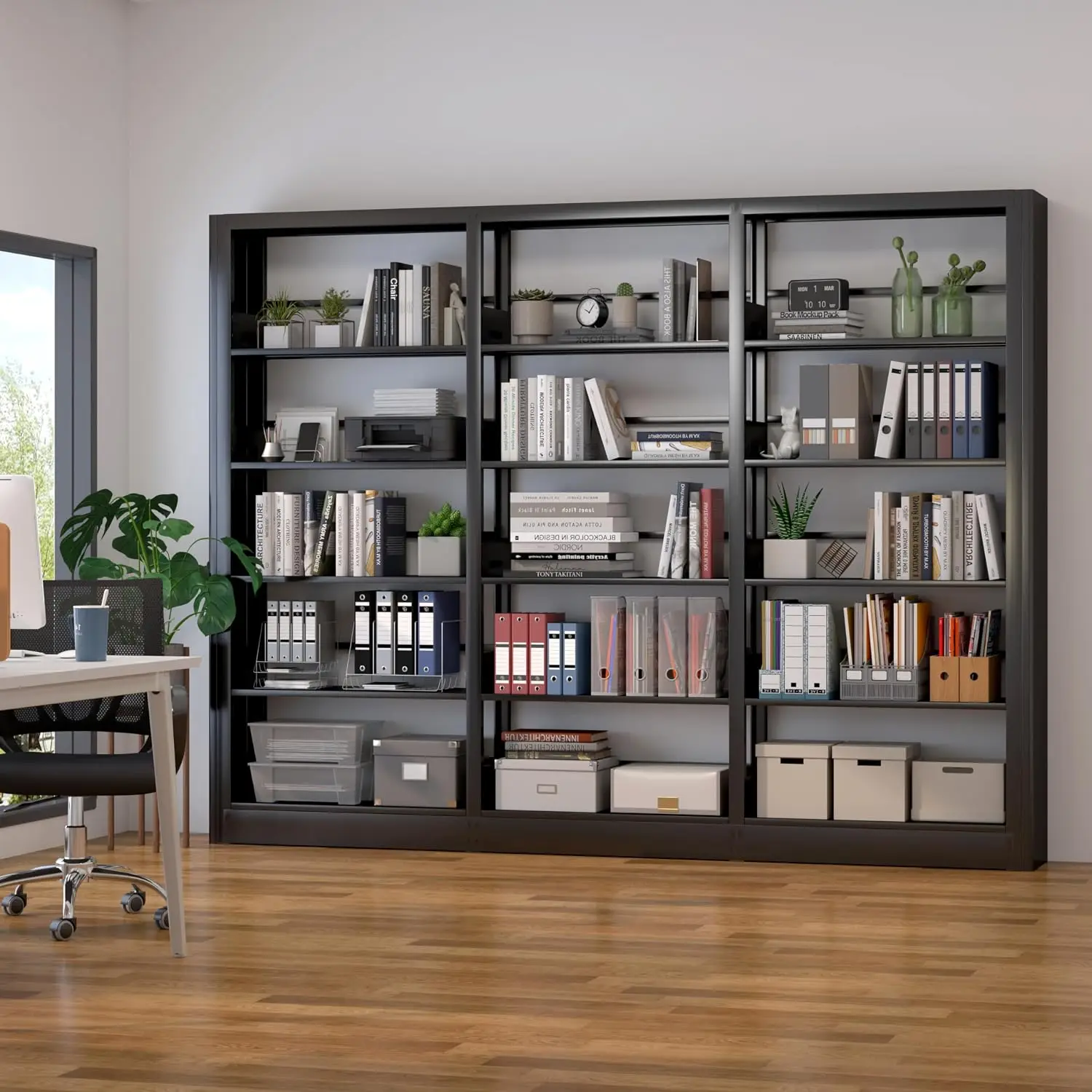 5-Tier Adjustable Bookshelf Freestanding Wide Storage Shelf for Home Office Living Room Bedroom with Book Stopper, Customized