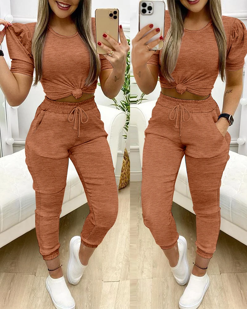 

2 Piece Round Neck Short Sleeve Top Drawstring Shirred Pants with Pocket Casual Pants Set