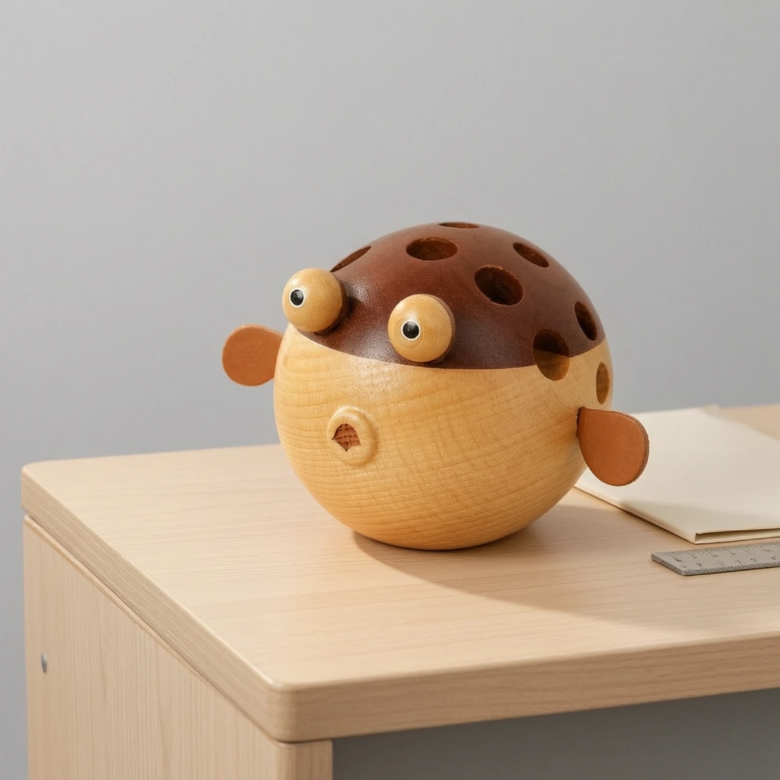 木製のパフファッシュ型ペン立て。装飾的なパフファッシュデザインで、木製の魚の形をした卓上収納として、学生向けのユニークで遊び心のあるアイテムです。
