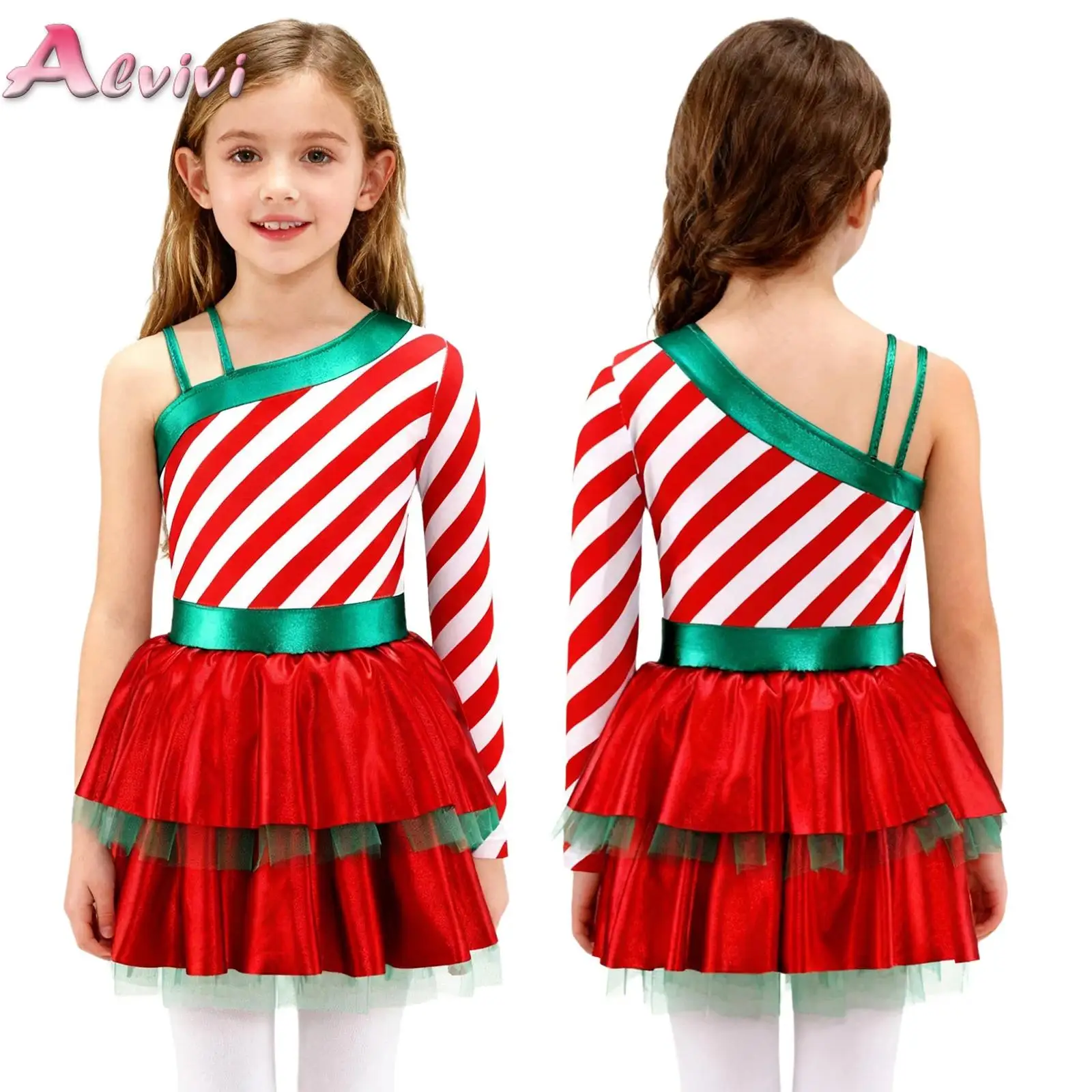 

Kids Girls Candy Cane Christmas Striped Dress Costume Pageant Party Ballet Dance Figure Ice Skating Tutu Dress Leotard Dancewear