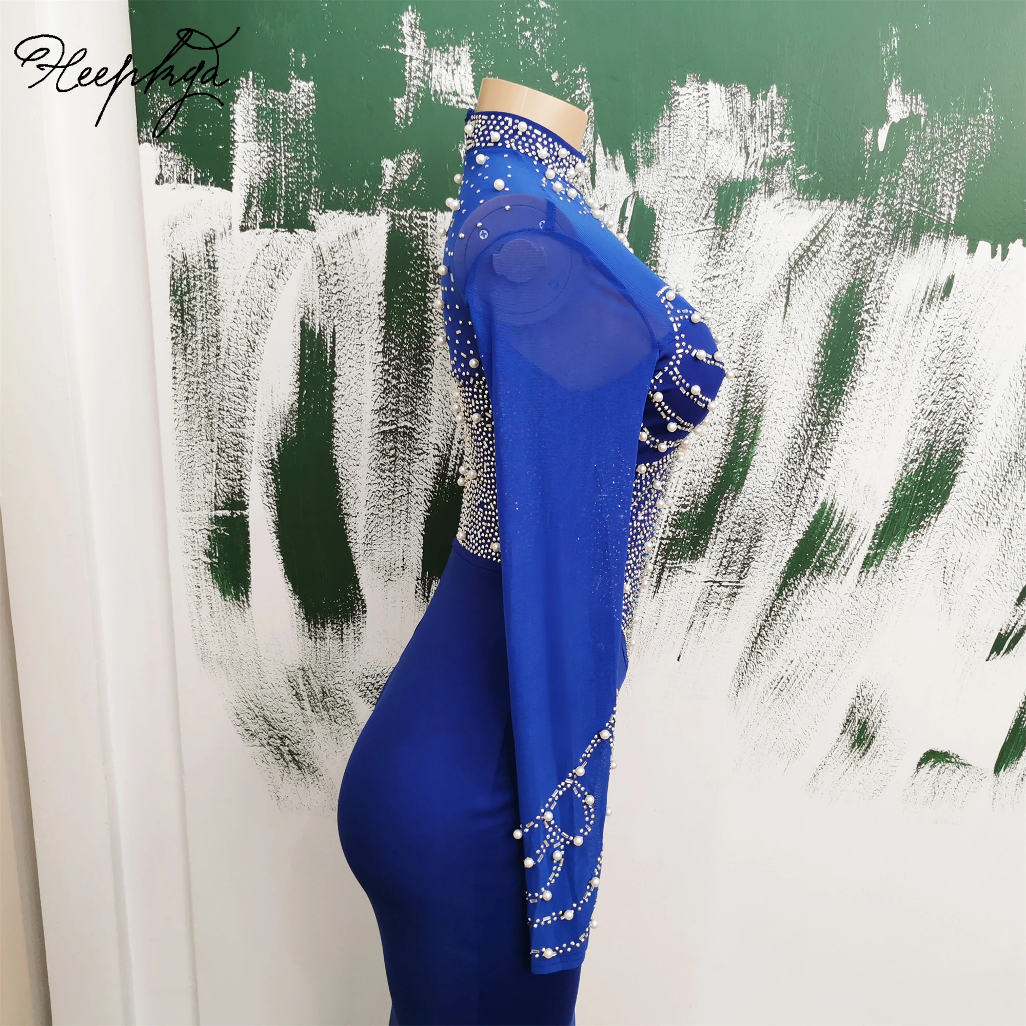 Long Mermaid Royal Blue Evening Dress With Split High Neck Full Sleeves Silver Crystals Luxury Special Occasion Gowns For Party