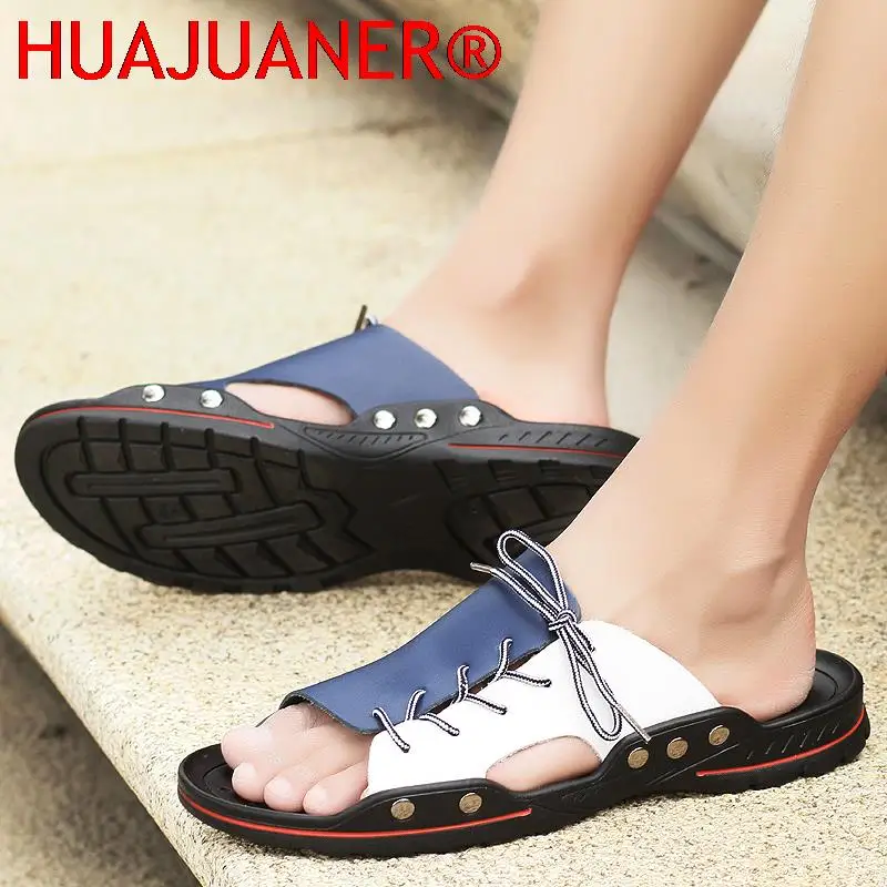 Zapatos antideslizantes de piel auténtica para hombre, a la moda Chanclas de playa, chanclas de Interior para el hogar, talla grande 38-48