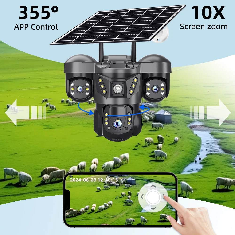 V380 PRO 4G Solar WiFi PTZ Security Camera 15MP HD Outdoor Triple Lens Three Screen CCTV with PIR Human Detection Monitor