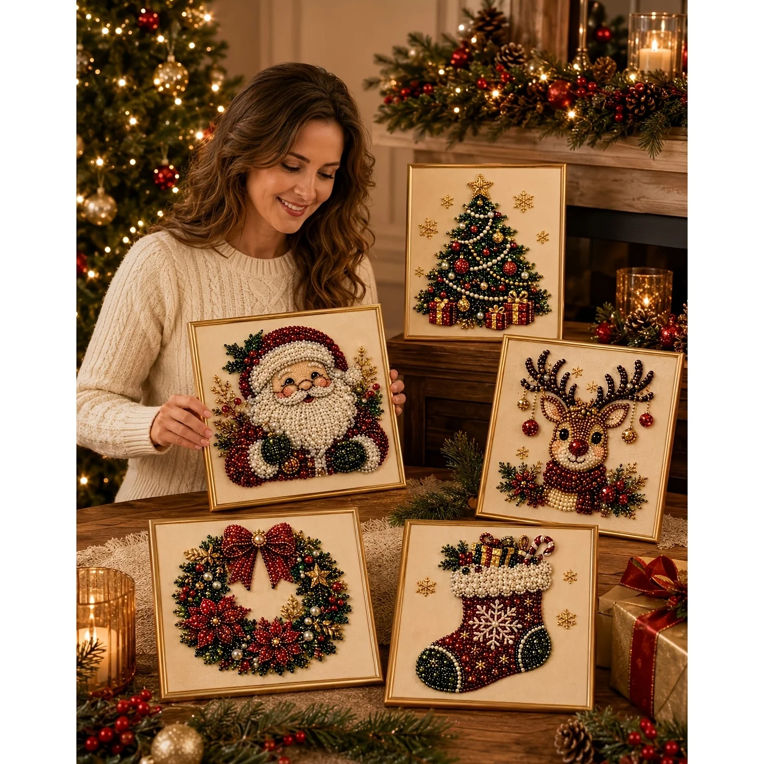2D DIY Christmas Pearl Diamond Painting Art, Frameless, Christmas Pearl Painting, Colorful Pearl Painting, Home Wall Decoration