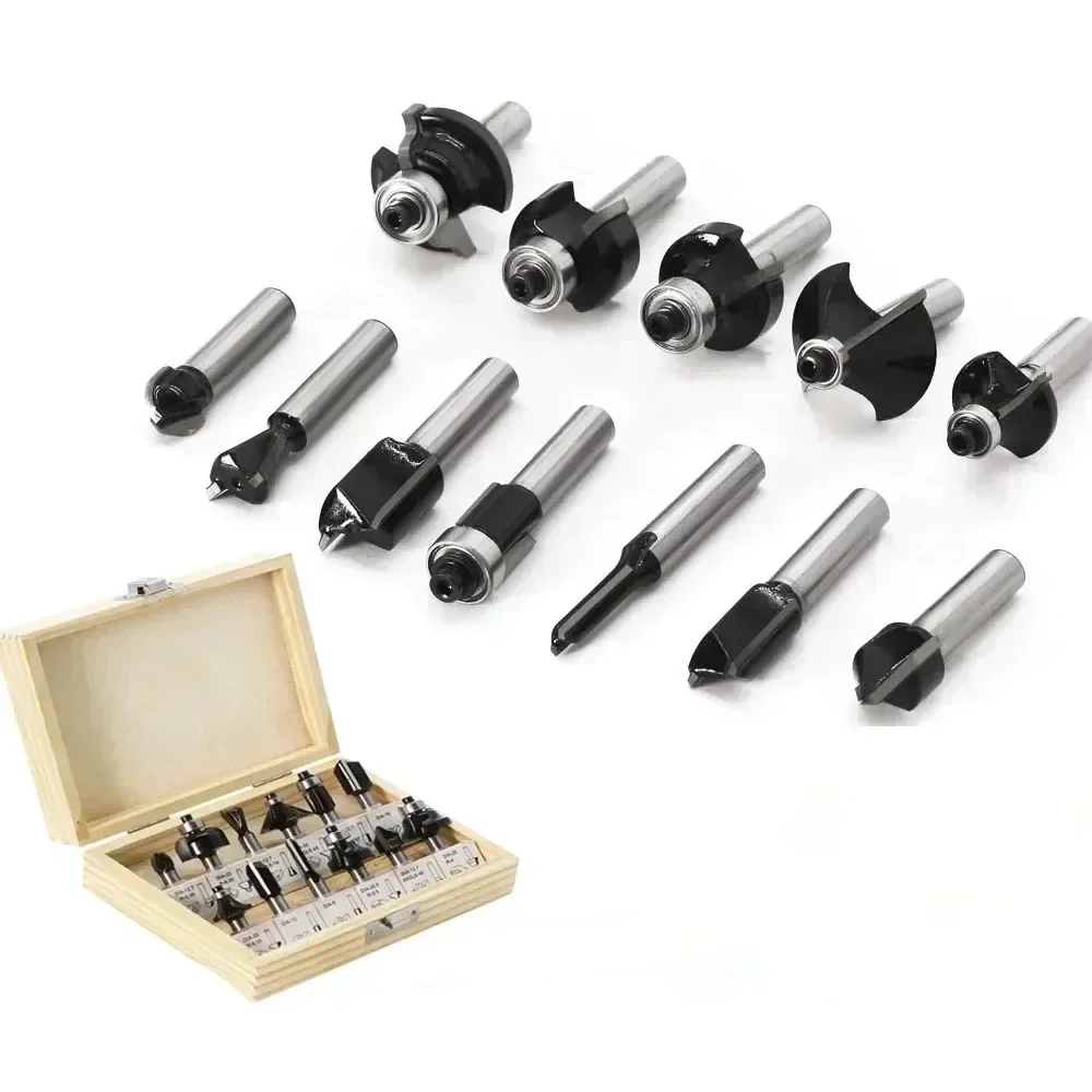 

12 шт./компл. фреза с хвостовиком 8 мм, прямая концевая фреза, угловая круглая фреза, деревообрабатывающий инструмент с подшипником, строгальный станок, долбежная фреза