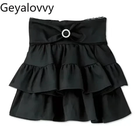 

Japanese Style Summer New Mine Sweet Ladies High Waist A-line Mini Skirt Black Ruffle Edge Fashion Kawaii Short Skirts