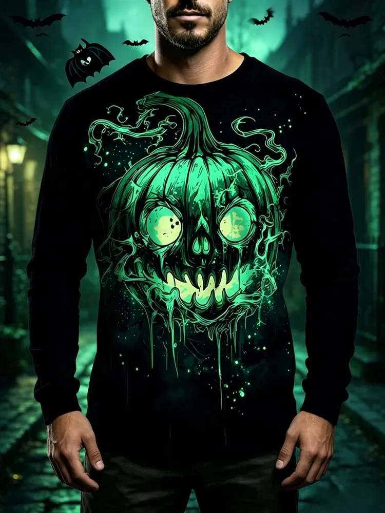 Men's Happy Halloween Long Sleeve T-Shirt Lime Green Castle Pumpkin Bat Ghost Graphic Tee Streetwear Pullover Tops Gift New