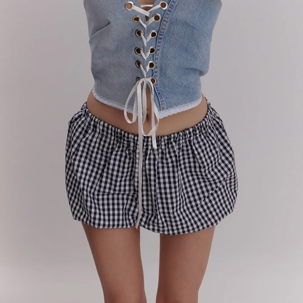 Gaono Women Y2K Plaid Mini Skirt Cute Gingham Bubble Skirt Casual Elastic Waist A-Line Balloon Short Skirt Streetwear