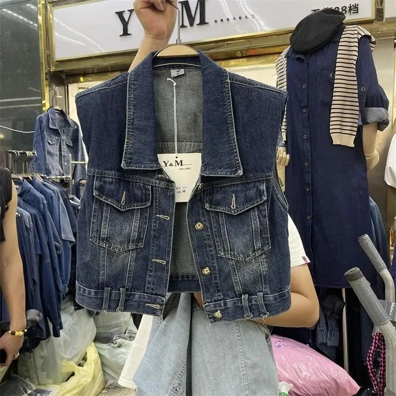 High Waist Short Section Denim Waistcoat Women Loose Sleeveless Jeans Vests Retro Jacket Coat Fashion Casual Female Cardigan Top