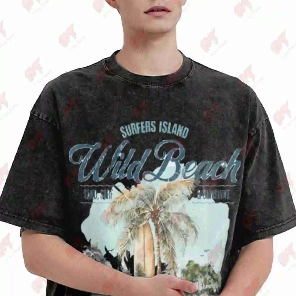 California Surf Surfboard Coastal Vintage Washed Tee Pure Cotton T-Shirt
