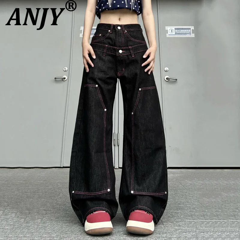 

ANJY Spring Autumn New Women American Style Double Waisted Thread Design Jeans Trendy Fashion Letter Loose Wide-Leg Pants A21825