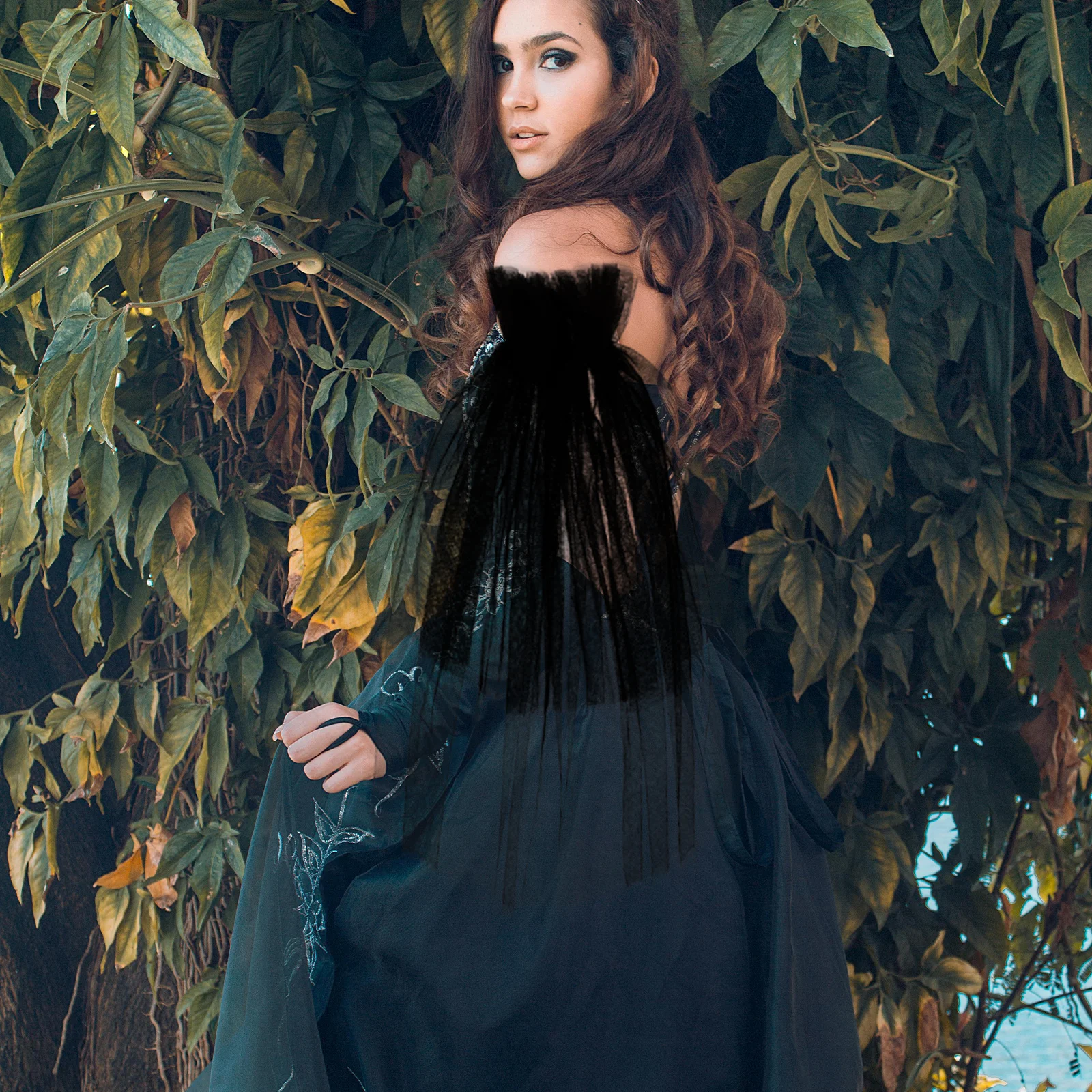1 par de mangas nupciales negras, vestido de novia de tul largo transparente, fundas para brazos, accesorios de fiesta de noche de malla elegante, mangas negras