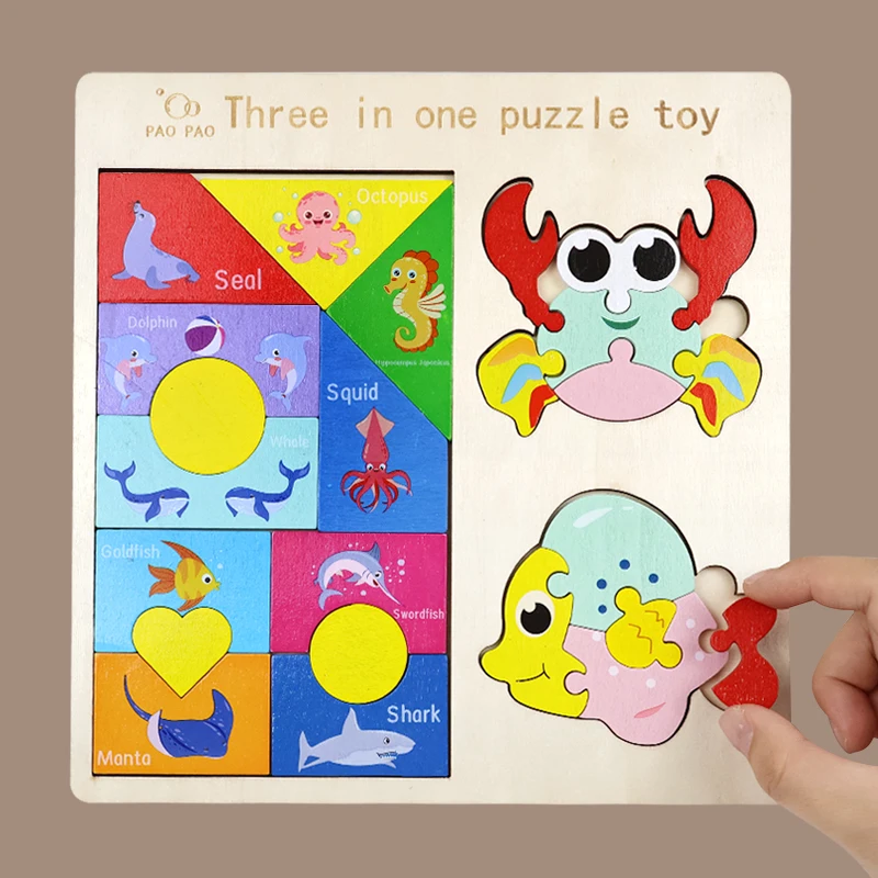3 in 1 Wooden Tangram Jigsaw Puzzle Toy Educational Creative Geometric Shape Color Cognition Wood Building Blocks Gifts for Kids