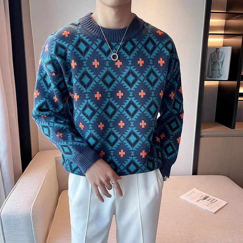 

Autumn Winter Jacquard Knitted Sweater Men Round Neck Loose Casual Social Pullover Long Sleeve Warm Knitwear Tops Men Clothing