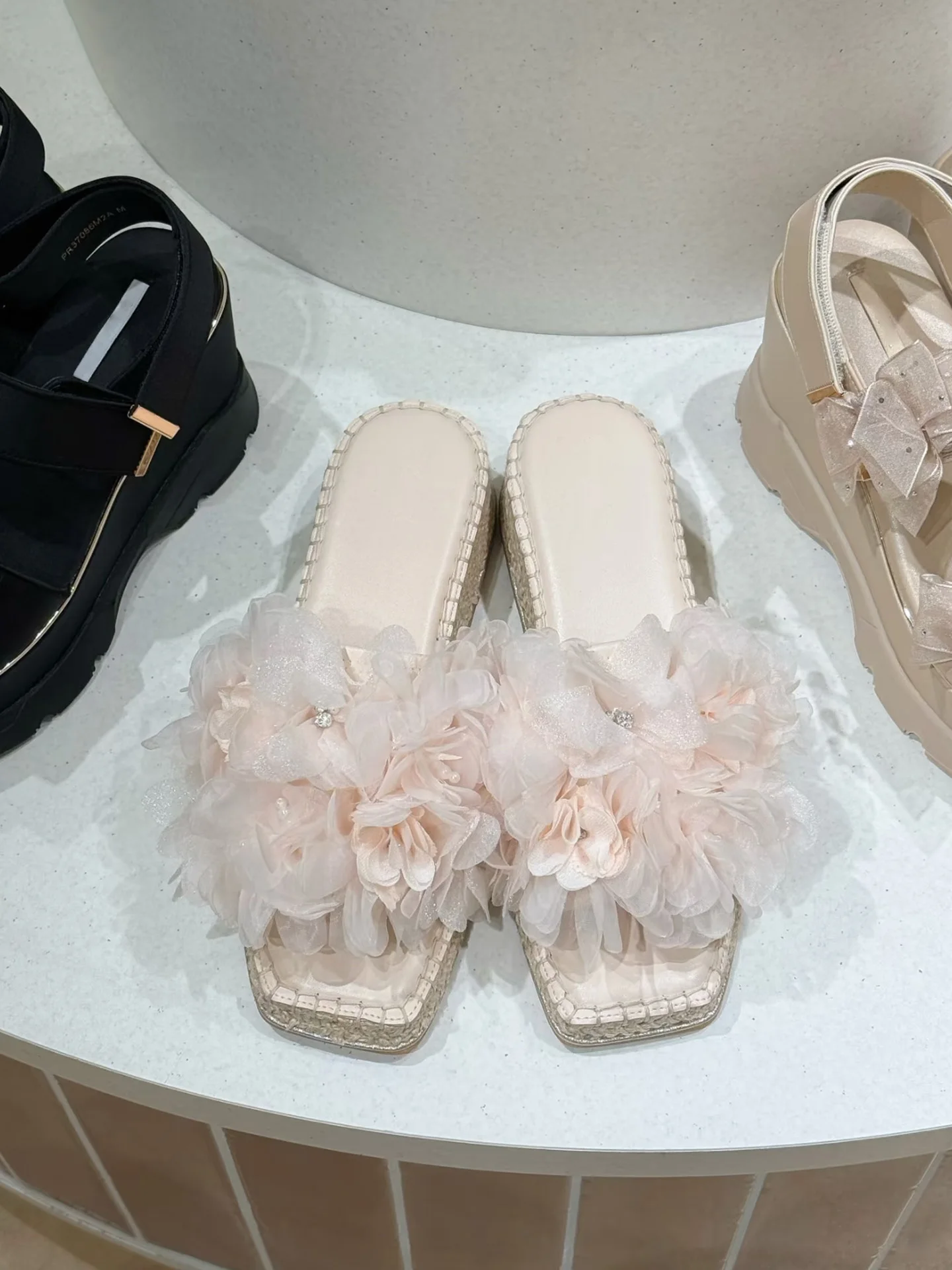 summer-thick-bottom-sandals-women's-straw-weave-slip-on-shoes-fairy-style-ultrafine-fiber-lined-rubber-sole-floral-embellished