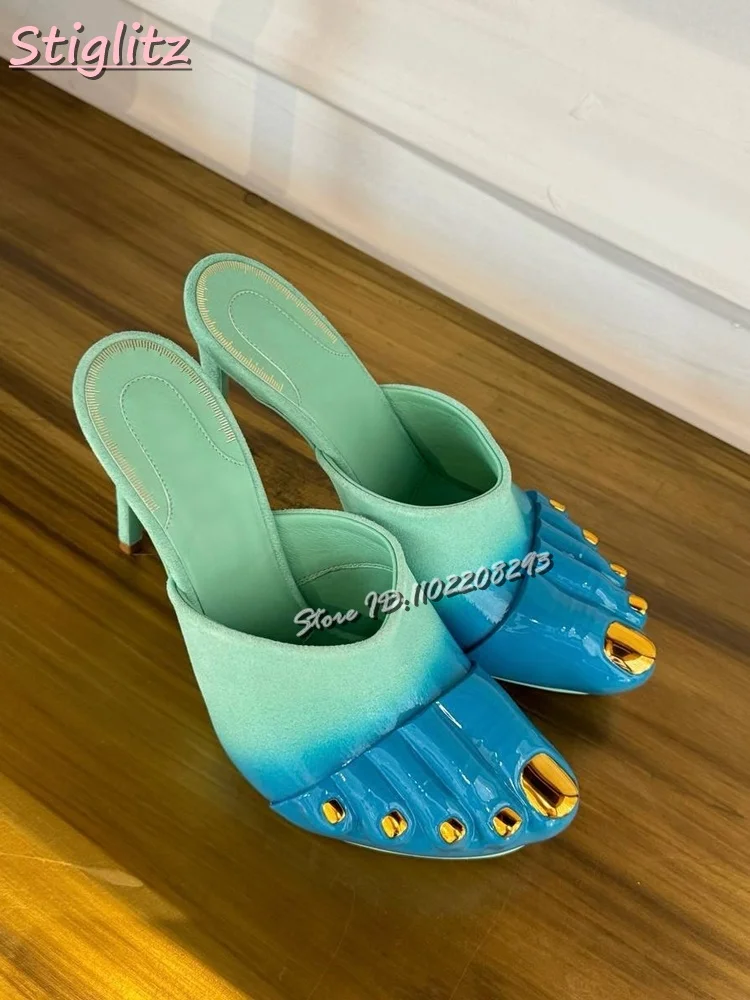 

Metal Five Toes Stilettos Slippers Lake Blue Pointed Shallow Leather Slingback Pumps 2025 Women Elegant Fashion High Heels Shoes