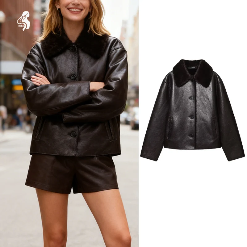 

Fur Collar Single Breasted Short Jacket Faux Leather Reversible Top French Boutique Style Elegant Autumn And Winter Women S Wear