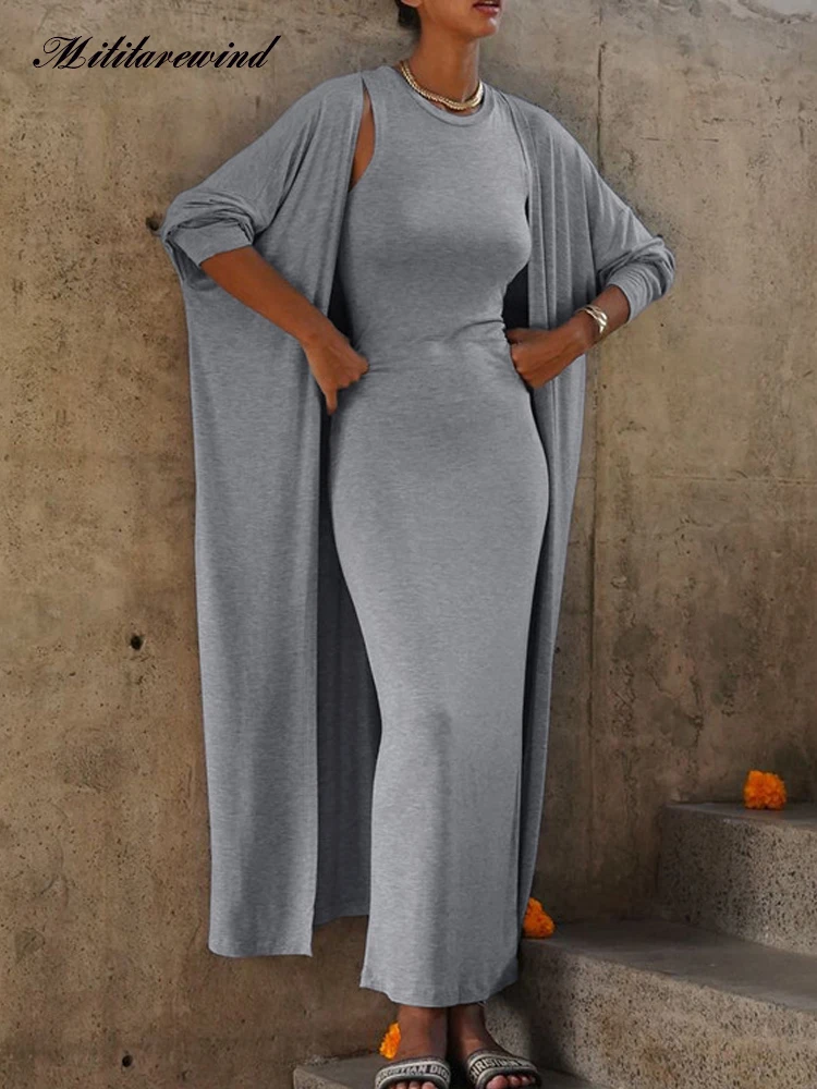 

Spring Summer Two Piece Dress Set Women Long Sleeve Cardigan Women and Sleeveless Slim Fit Dress Women Casual Solid Color Sets