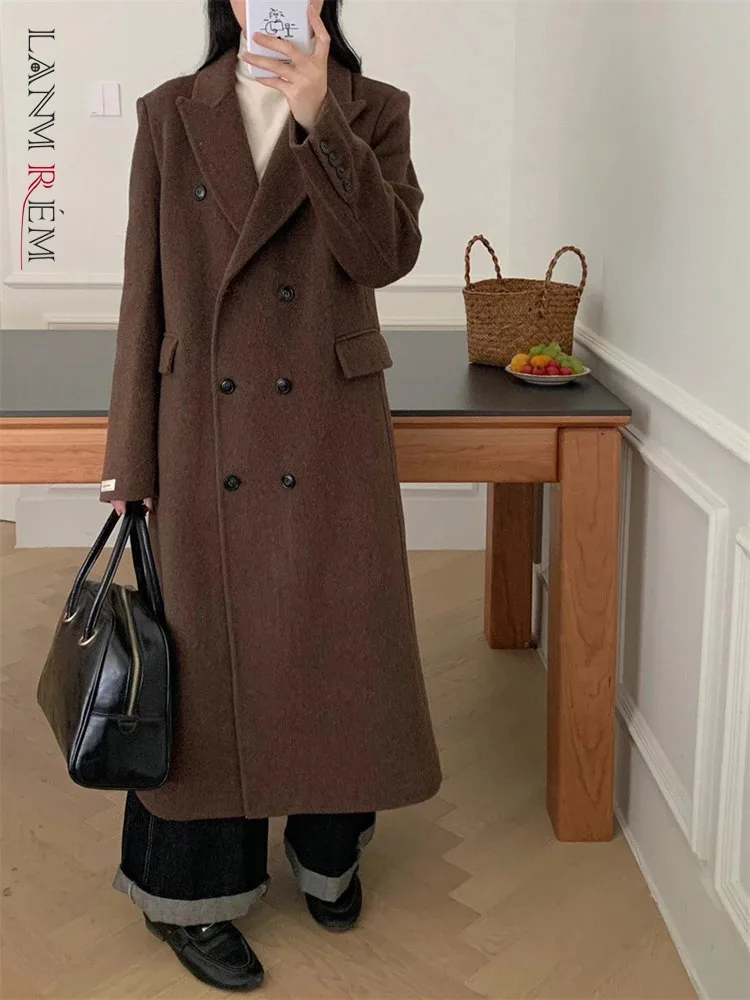 

LANMREM Korean Style Double Sided Woolen Coat Women's Notched Double Breasted Solid Color Long Coats 2024 Autumn New 2Z2348