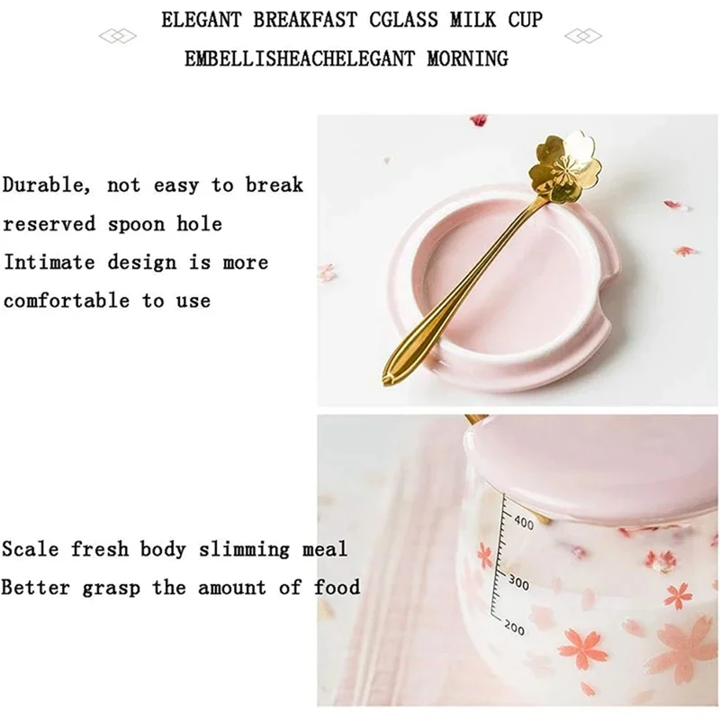 400Ml Creative Sakura Glass Coffee Mug Cute Transparent Cup Heat-Resistant Water Cup With Handle Lid Spoon ,D