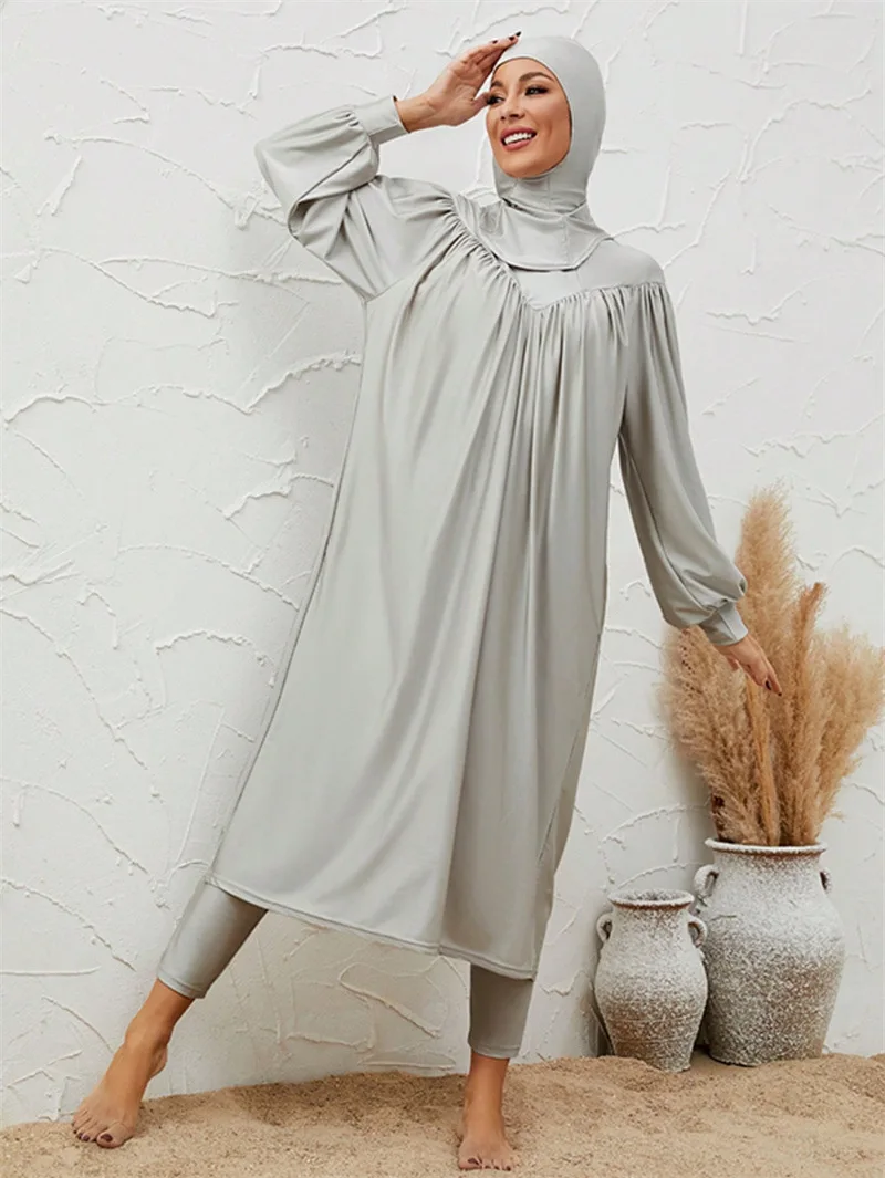 Islamic women's casual swimsuit three piece set swimsuit round neck conservative style high waisted pants comfortable to wear