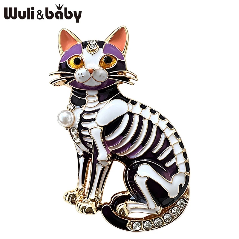 Wuli&baby Schöne Skelett-Katzen-Broschen für Damen und Herren, Emaille, Zuckerschädel, Haustiere, Tier, Halloween-Party, Broschen, Geschenke