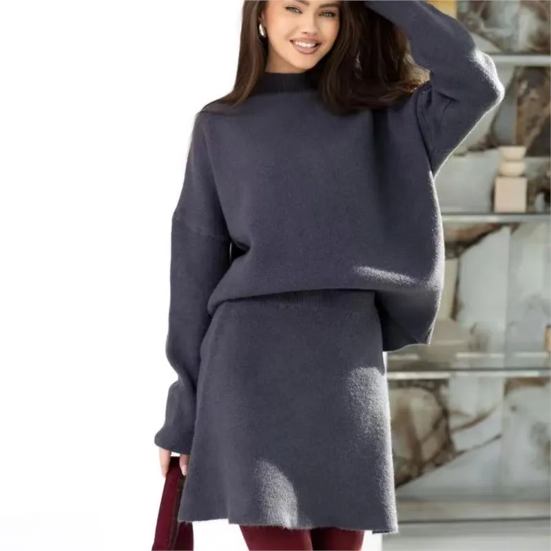 Loose 2 Pieces Set For Woman Package Hip Two Piece Outfits Mini Skirt Solid Color Sweater Knitted Half-high Collar Long Sleeves
