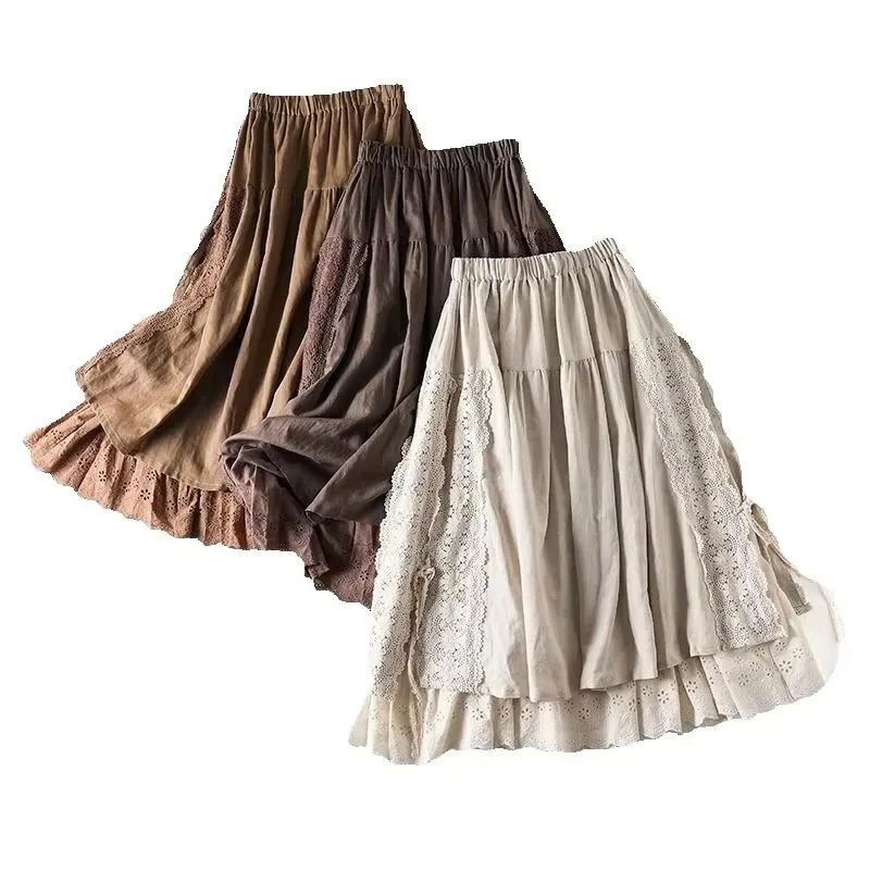 Vintage-Chic Bestickter Leinen-Baumwoll-Maxirock für Damen, Sommer, Elastische Hohe Taille, Plissierter A-Linien-Rock, Elegant