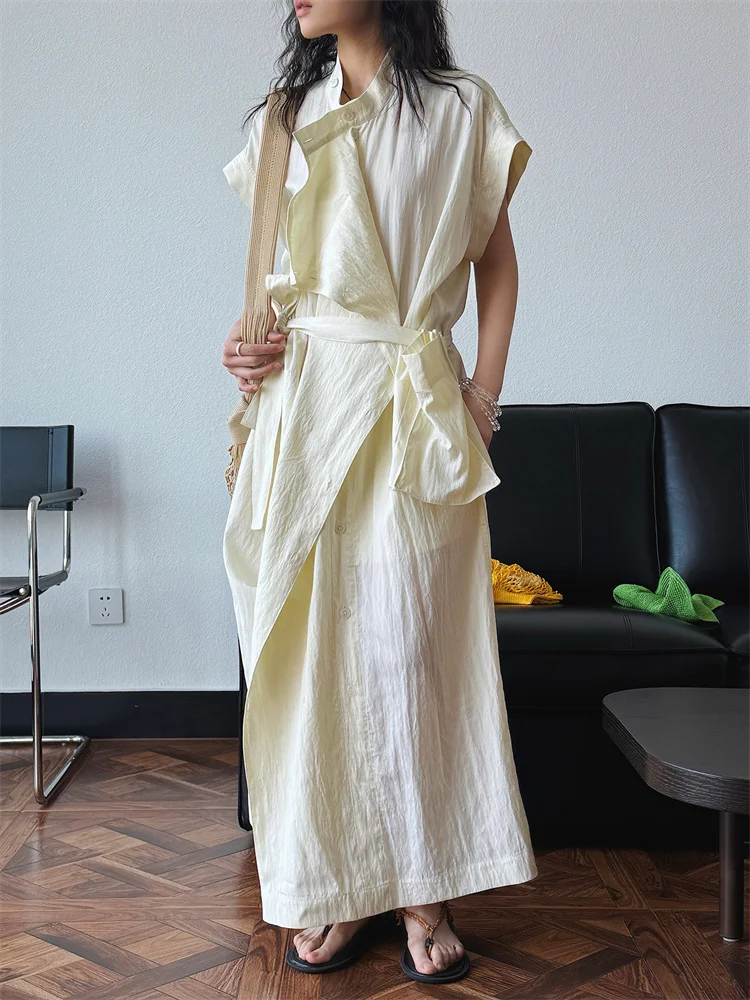 HanOrange 2026 Summer Lotus Leaf Collar Multi Layered Bag Dress Casual Dress Light Beige/Twilight Blue