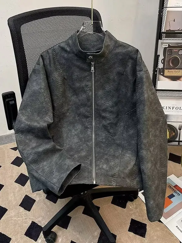 

Мужская осенняя куртка из искусственной кожи в стиле ретро, американского дизайна, с эффектом окрашивания, свободного кроя, с воротником-стойкой, повседневная, в байкерском стиле