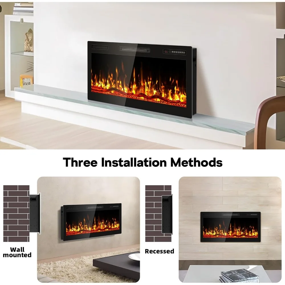 Ultra-Slim Bezel Electric Fireplace, Wide Screen HD Flame, Modern Wall-Mounted Fuel Bed Logs, Recessed Design for Contemporary H