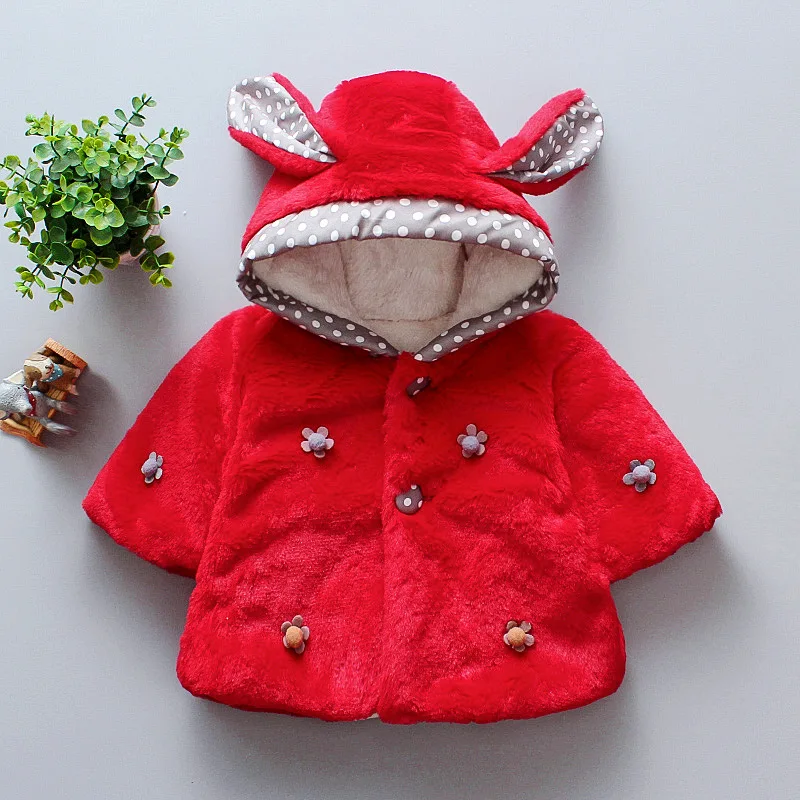 Baby Girl\'S Winter Cute Flower Coat, Sweet Rabbit Ear Plush Warm Hooded Long Sleeved Coat (0-3 Years Old)