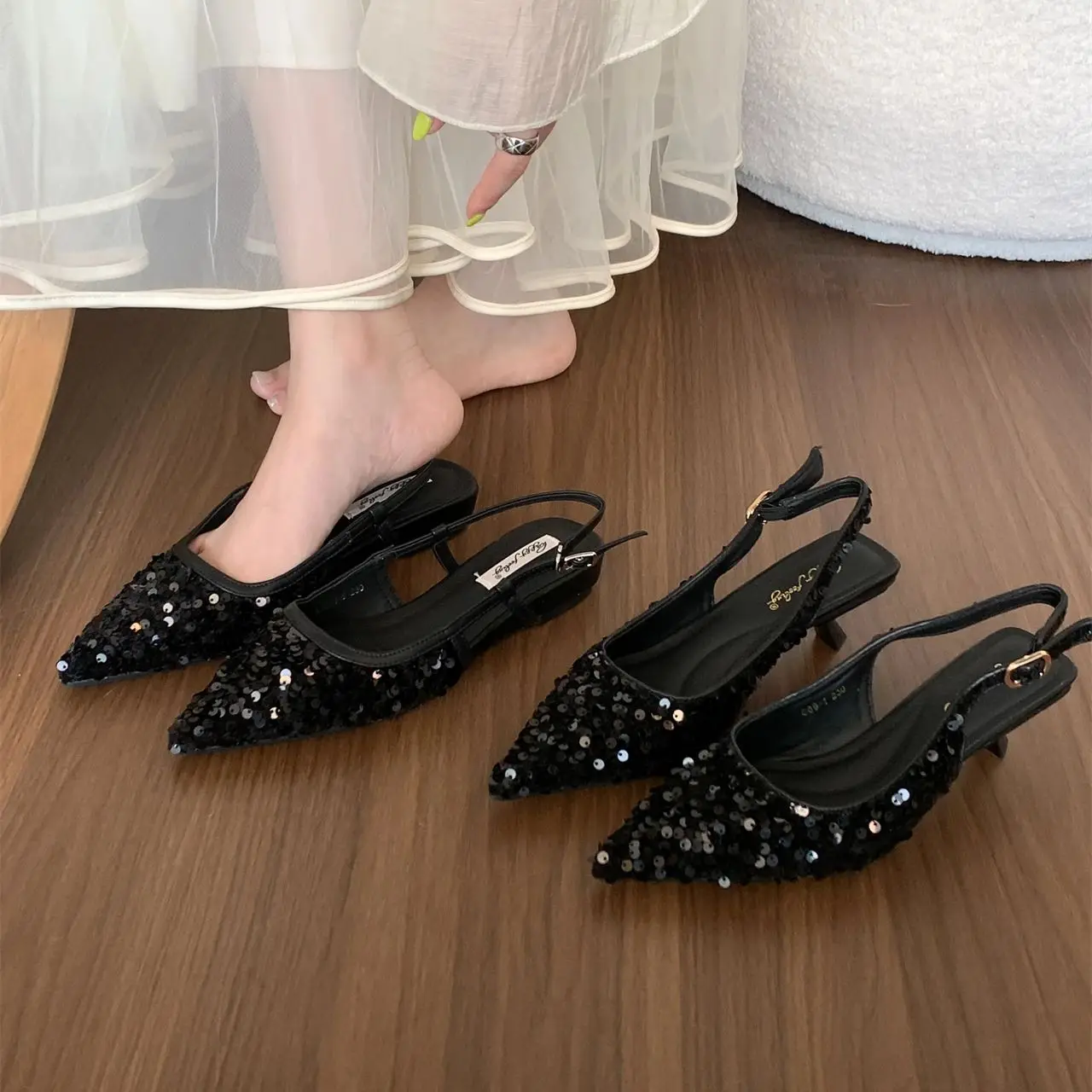 

Bailamos New Bling Women Sandal Fashion Pointed Toe Shallow Slip On Ladies Elegant Slingback Shoes Med Heel Pumps Shoes