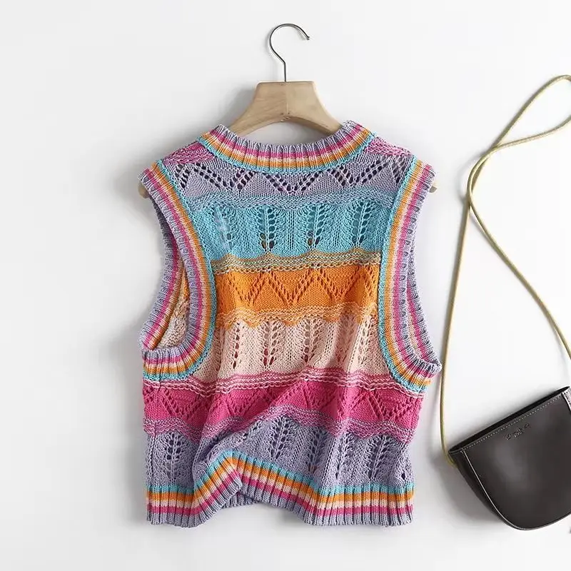 Sweater Vests Women Rainbow-striped Lovely Ladies Slim Knit All-match Cozy Knitted Sleeveless Spring Summer Street Style Holiday