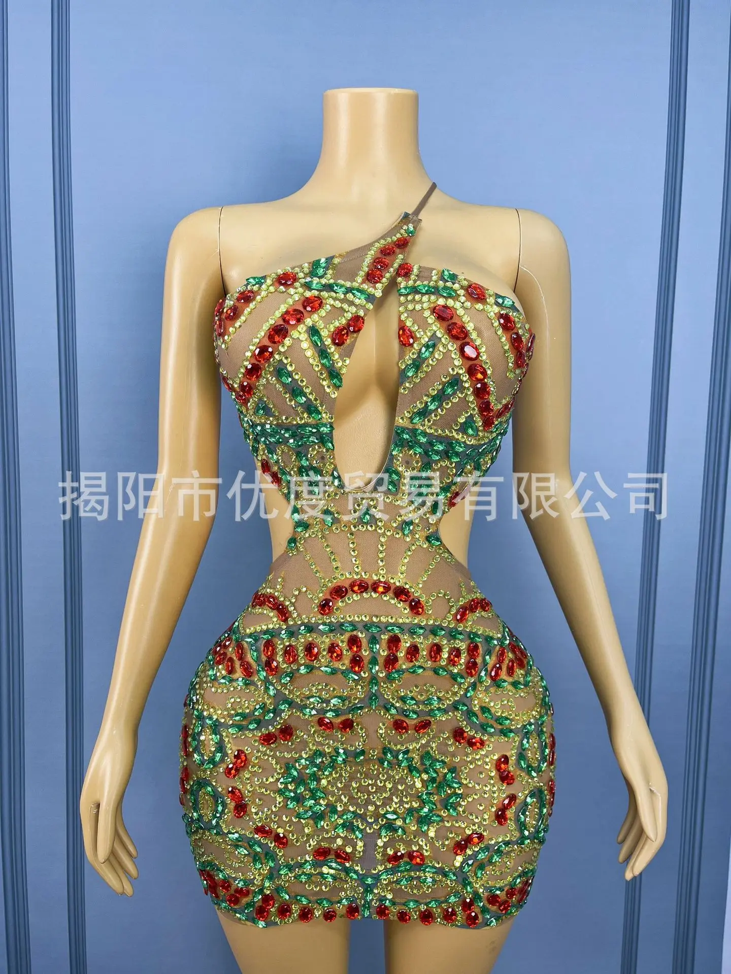 المرأة Halterneck مفتوح الظهر حفلة عيد ميلاد ملون بريق حجر الراين بقماش شفاف فستان قصير تنورة مصر Vestito Con Cristalli #5