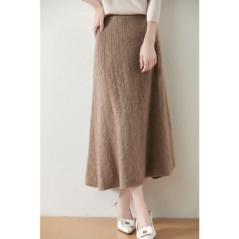 

2024 new cashmere long skirt wool knit a word skirt female long section high waist solid color loose umbrella skirt skirt