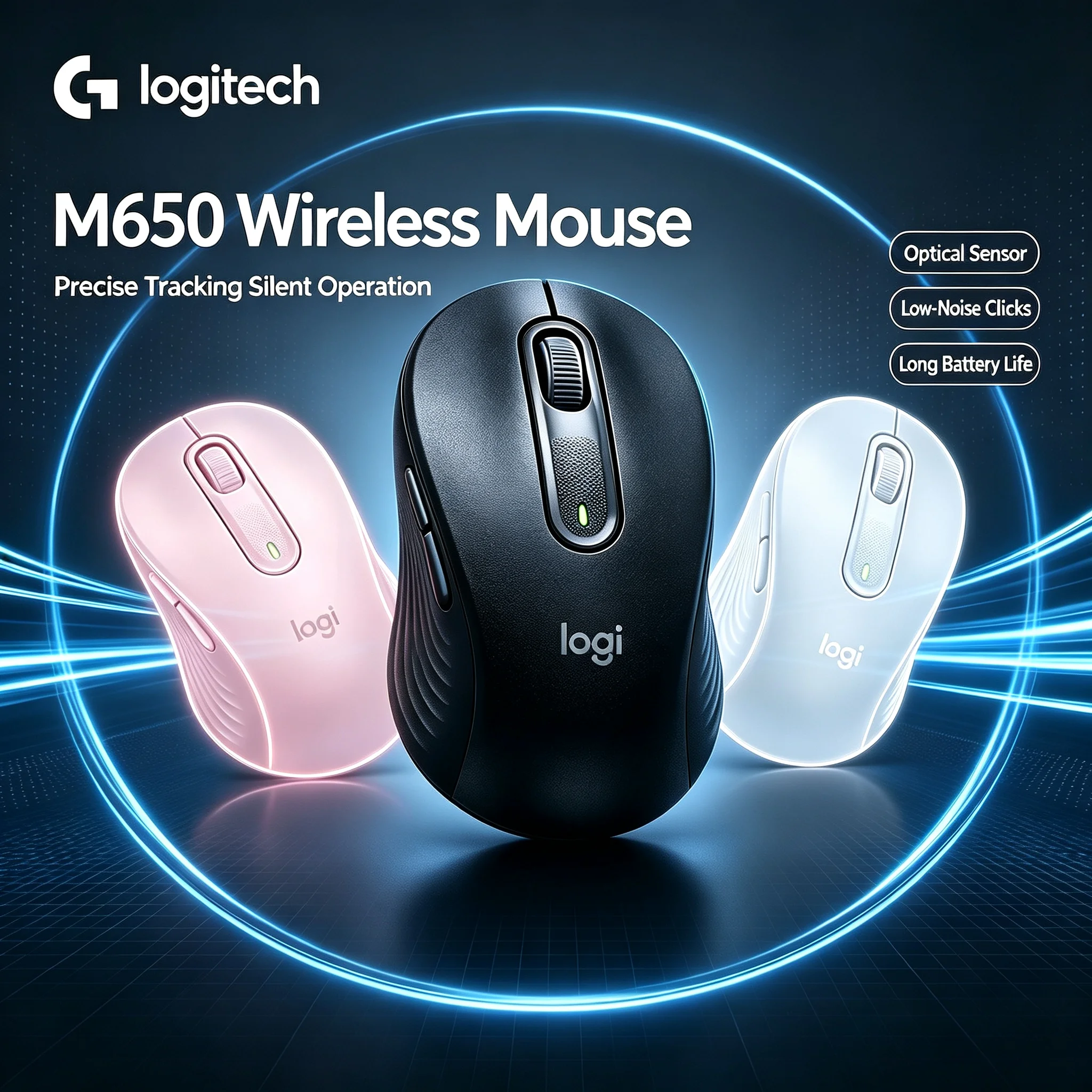 Logitech M650 Ergonomic Wireless Mouse Low‑Noise Clicks Long Battery For Desktop Notebook Computer