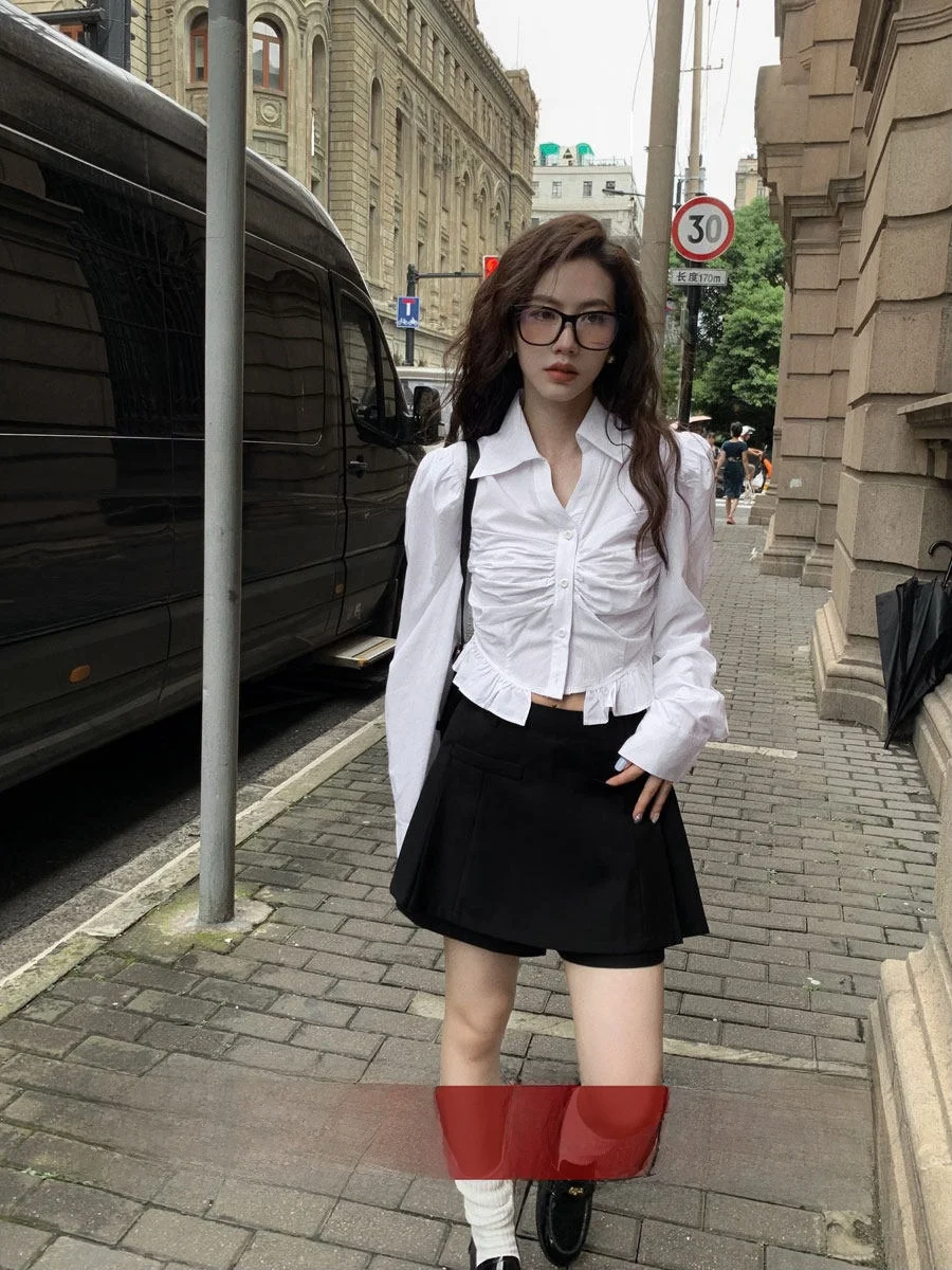 

Ele ort irt And High Waist Skirt Set Women's Cotton Bubble Sve Top And Slimming Pants Two Piece Ensemble